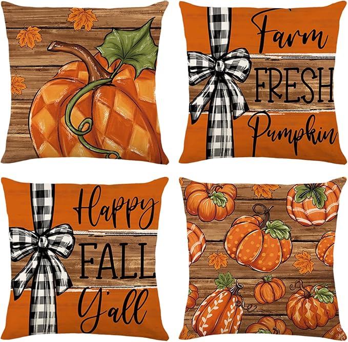 Fall Decorations for Home,Fall Pillow Covers 18 x 18 Inch Autumn Thankful Grateful Blessed Pumpkin Linen Pillow Decorations for Sofa Couch Set of 4