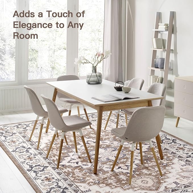 Lofus 5x8 Area Rugs for Living Room, Washable Area Rug, Rugs for Bedroom, Kitchen, Vintage Boho Carpet, Soft Non-Slip, Low Pile Large Area Rug for Office Dining Room, Floral Brown