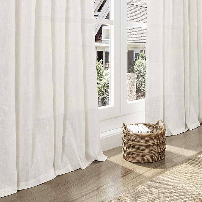 Nanspring Cream Linen Back Tab Curtains 86 Inch Length for Living Room 2 Panel Set Farmhouse Window Semi Sheer Linen Drapes Rustic Pinch Curtain for Bedroom 52X86
