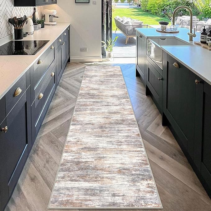 KOZYFLY Modern Abstract Runners for Hallways 2x10 Washable Rug Runner Non-Slip Soft Striped Kitchen Runner Rug, Multi Grey/Orange Print Carpet for Entryway Bathroom