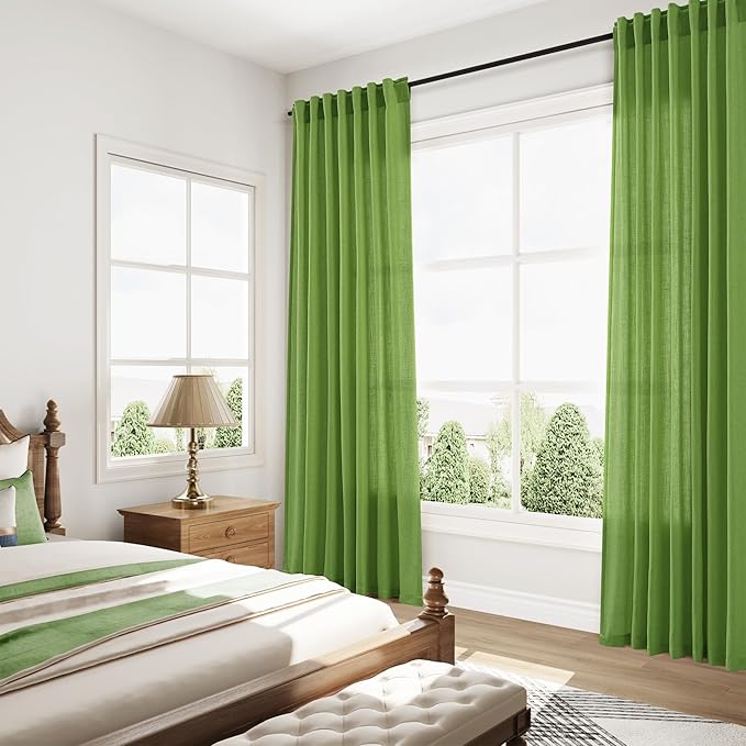 Nanspring Lime Green Linen Blend Light Filtering Back Tab Curtains 96 Inches Long, Semi Sheer Privacy Drapes for Living Room & Bedroom, 52x96 inch, 2 Panels