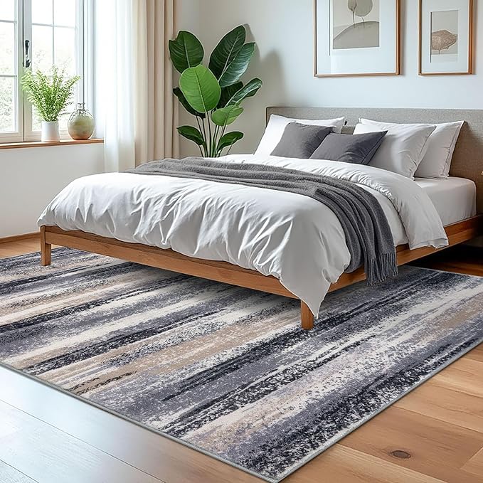 Lansny Modern Abstract 5x7 Machine Washable Area Rug Non-Slip Soft Bedroom Living Romm Rug Grey Black Multi Ultra Thin Print Faux Wool Floor Carpet Throw Rugs for Nursery Playroom Dining Room Indoor