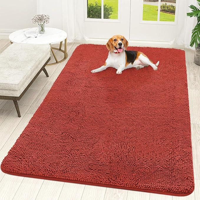 OLANLY Dog Door Mat for Muddy Paws 70x46, Absorbs Moisture and Dirt, Absorbent Non-Slip Washable Doormat, Quick Dry Chenille Mud Mat for Dogs, Entry Indoor Entryway Carpet for Inside Floor, Maple Red