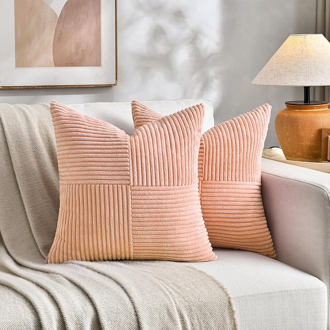 Fancy Homi 2 Packs Peach Samll Decorative Throw Pillow Covers 14x14 Inch with for Couch Bed Sofa, Rustic Farmhouse Boho Home Decor, Soft Corss Patchwork Corduroy Square Cushion Case 35x35 cm