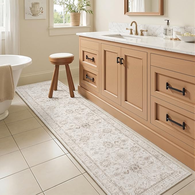 Madane 2x6 Washable Runner Rug Non-Slip, Vintage Kitchen Hallway Rug with Rubber Backing, Soft Low Pile Throw Carpet Runner for Entryway Laundry Bathroom Bedroom Living Room (2 x 6, Brown/Ivory)