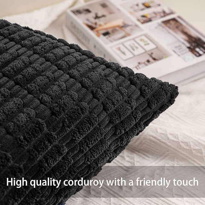 Pack of 2 Corduroy Decorative Throw Pillow Covers 26x26 InchSoft Striped Pillow Covers Modern Farmhouse Home Decor for Sofa Living Room Couch Bed（Black）