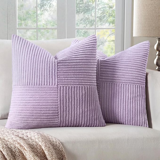 MIULEE Purple Decorative Throw Pillow Covers 18x18 Inch for Couch Bed Sofa Pack of 2 Lavender Boho Farmhouse Throw Pillows Soft Cross Corduroy Patchwork Textured Cushion Cases
