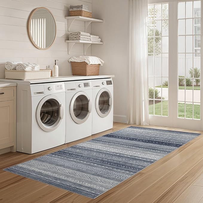 Nakagishi Area Rug Living Room Rugs: 3X8 Machine Washable Boho Large Neutral Farmhouse Stain Resistant Moroccan Indoor Floor Carpet for Bedroom Nursery Dorm Dining Room Home-Denim Blue