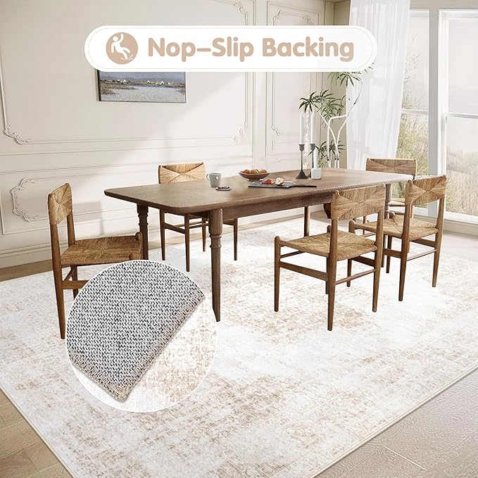 Area Rug 5x7 Vintage Rug: Washable Living Room Rugs Retro Medallion Distressed Large Rugs Soft Low Pile Non-Slip Indoor Floor Carpet for Bedroom Kitchen Nursery Dining Table Office (Beige, 5'x7')