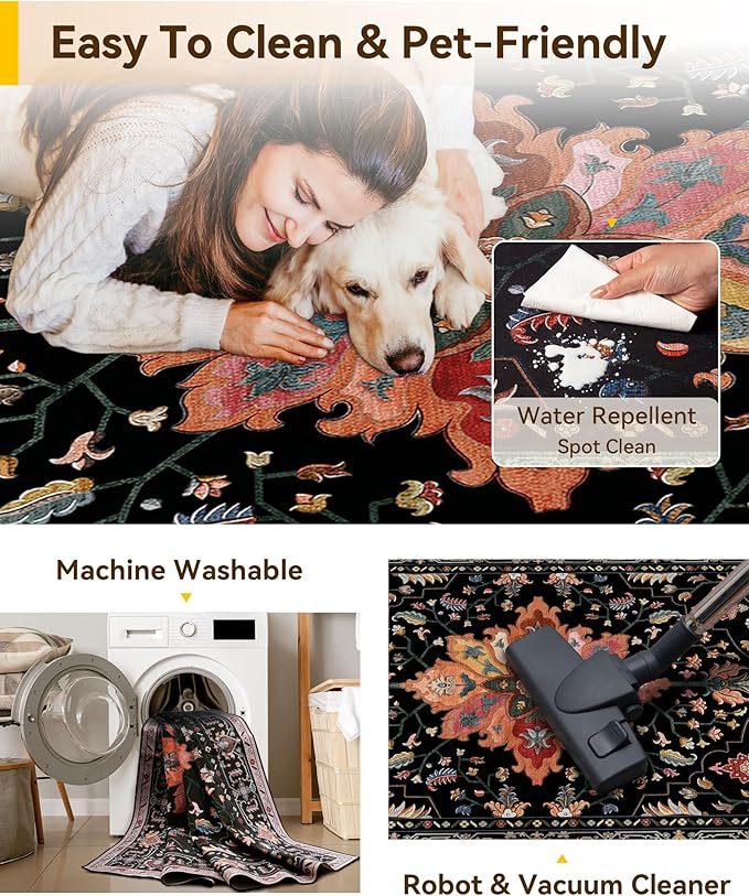 RELEANY Area Rugs 10'x12' Washable Non-Slip, Floral Vintage Distress Print Pattern Medallion Carpet for Living Room Bedroom Dining Room, Black Colorful Floral Dark Tan
