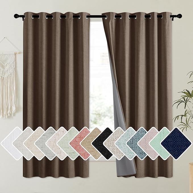 NICETOWN Coffee Vintage Linen 100% Blackout Curtains for Kitchen, Thermal Insulated Curtains 63" Long, Noise Reducing Window Treatment Drapes for Dorm Room, 62" Wide Per Panel, Set of 2