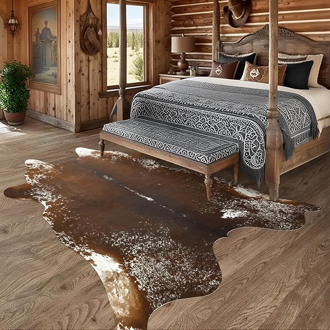 AROGAN Western Decor Faux Fur Cowhide Rug, 5.2x6.3 Feet Premium Animal Skin Cow Hide Rug, Sturdy Cow Print Rugs for Wall Decor, Western Floor Carpet for Bedroom Living Room, Spotted Brown