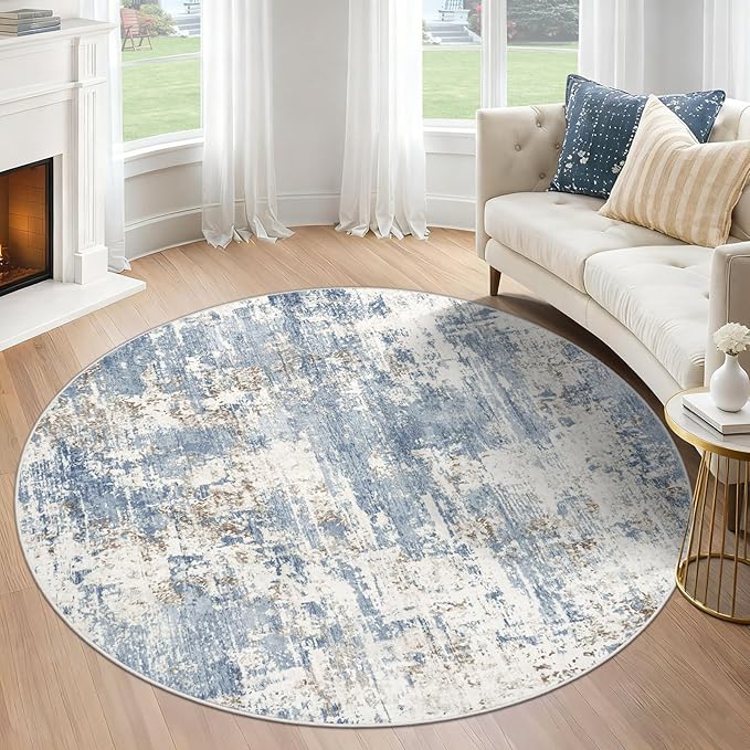 XLUEZ Round Rug 4ft for Bedroom, Washable Modern Abstract Circle Rug Neutral Soft Non Slip Kids Rug Stain Resistant Indoor Carpet for Living Room Nursery Playroom Dorm Girls Boys Room(Blue, 4' Round)