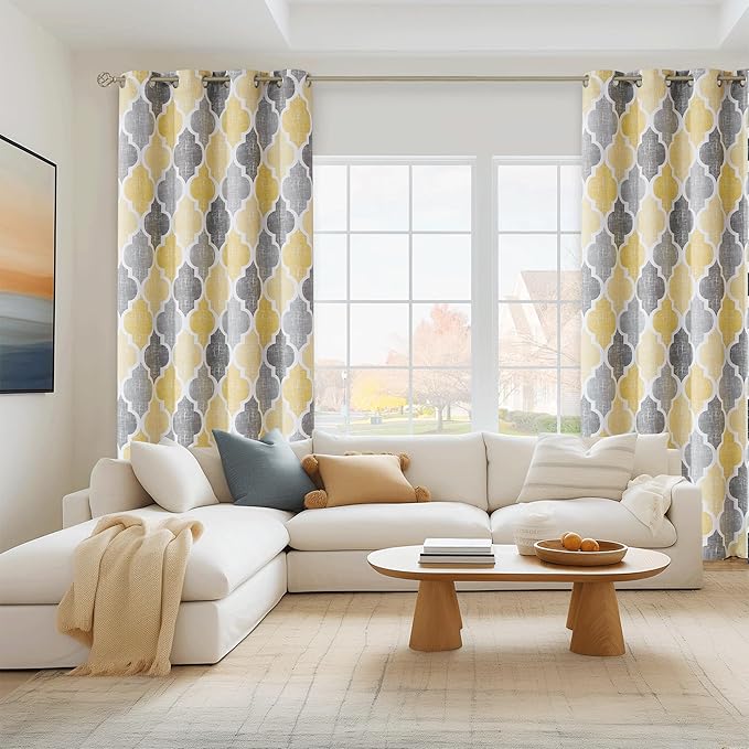 Beauoop 100% Blackout Curtains 54 Inches Long 2 Panels for Bedroom Living Room Yellow Grey Moroccan Geo Room Darkening Thermal Insulated Soundproof Grommet Top Window Treatments Drapes, 50x54 Set of 2