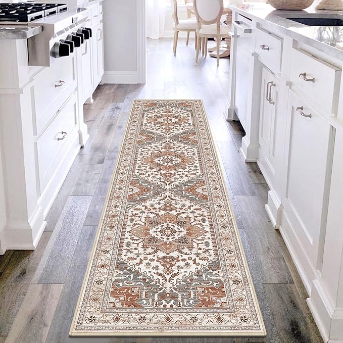 Yamaziot Washable Runner Rug, 2x8 Non-Slip Boho Vintage Hallway Rug Runner with Rubber Backing, Low Pile Faux Wool Distressed Carpet Runner for Bedroom, Kitchen, Laundry, Entrance, Ginger Grey