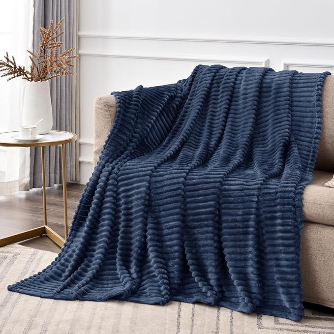 BEDELITE Fleece Throw Blanket for Couch – 3D Ribbed Jacquard Soft and Warm Decorative Fuzzy Blanket – Cozy, Fluffy, Plush Lightweight Navy Throw Blankets for Bed, Sofa, 50x70 inches