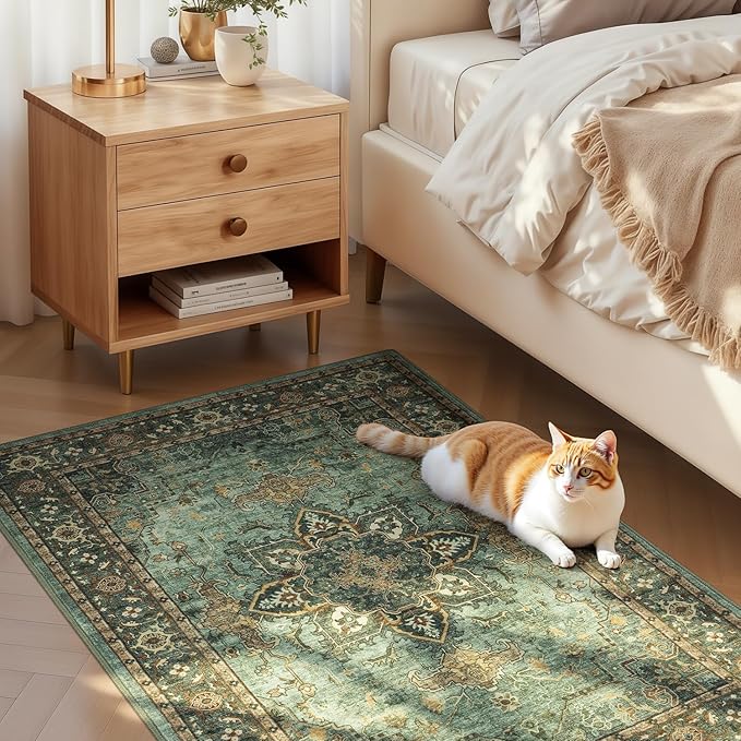 Lofus 3x5 Area Rugs for Living Room, Washable Area Rug, Rugs for Bedroom, Kitchen, Vintage Boho Carpet, Soft Non-Slip, Low Pile Large Area Rug for Office Dining Room, Green