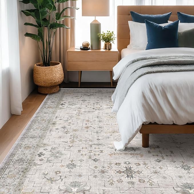 Hazo Haus Boho Light Grey Living Room Rug 7x10 - Modern Vintage Eclectic Floral Pastel Neutral Taupe, Washable Low Pile Non-Slip Large Area Rugs for Dining Under Table Bedroom Lounge