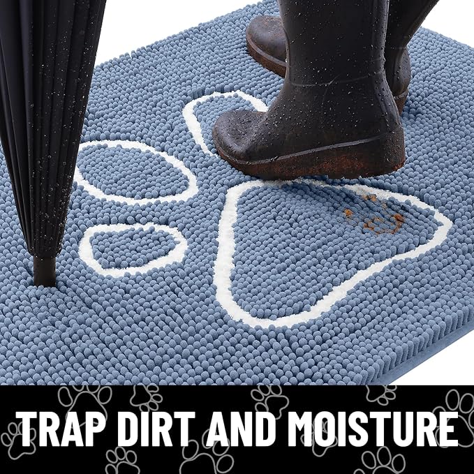 Smiry Dog Door Mat for Muddy Paws, Absorbent Dirt Trapper Non Slip Quick Dry Washable Chenille Mat for Mud Dogs, Entry Rug for Indoor and Outdoor (70x24 Inches, Airy Blue and White)