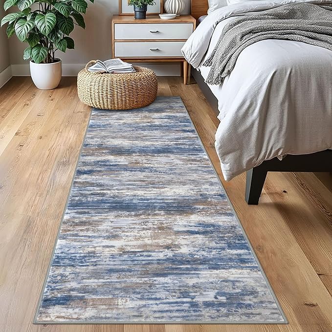 KOZYFLY Modern Abstract Washable Rug Runner 2x7 Hallway Runner Rug Non-Slip Soft Kitchen Runner Rugs, Print Blue Rust Striped Carpet Runner for Entryway Bathroom Laundry Room Foyer