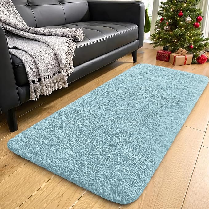 OLANLY 2x6 Machine Washable Runner Rugs for Hallway, Soft Fluffy Shaggy Bedside Rugs for Bedroom, Living Room, Indoor Floor Carpet for Kids Girls and Boys, Home Decor Aesthetic, Light Blue