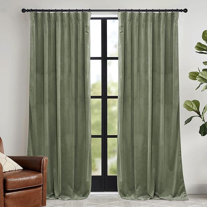 RYB HOME Sage Green Velvet Curtains with Hook Tape, Thermal Insulated Privacy Protect Decorative Drapes for Home Theater, W 42 x L 84 inches, 2 Panels Set