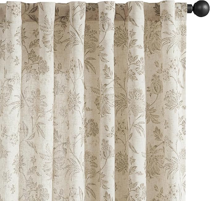 jinchan Linen Floral Curtains for Living Room with Printed Flower 63 Inches Long Light Filtering French Country Back Tab Rod Pocket Taupe Window Curtain Set Farmhouse Drapes 2 Panels Taupe