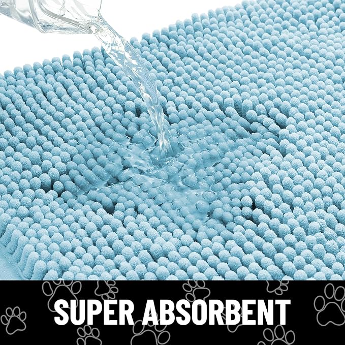 Smiry Dog Door Mat for Muddy Paws, Absorbent Dirt Trapper Non Slip Quick Dry Washable Chenille Mat for Mud Dogs, Entry Rug for Indoor and Outdoor (24x16 Inches, Sky Blue and White)