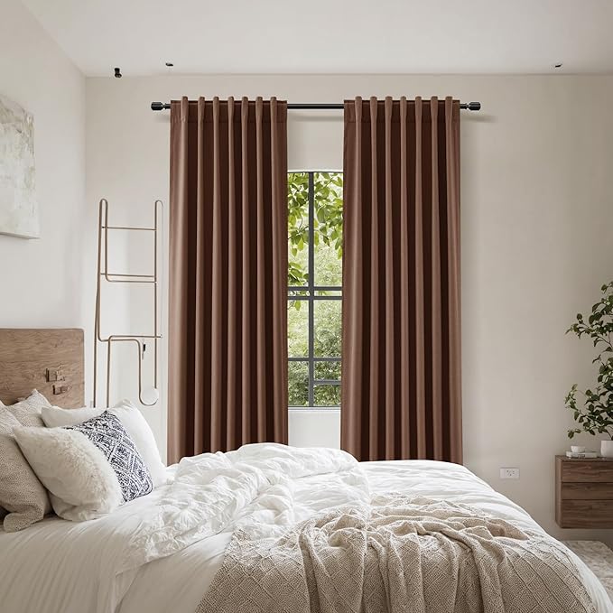 Guken 100% Blackout Curtains 96 Inch Length 2 Panels Set for Living Room Bedroom Back Tab Thermal Insulated Black Out Linen Drapes Room Darkening Window Curtains 96 Inches Long,Rustic Brown