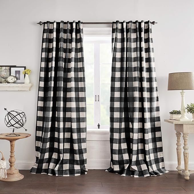 Elrene Home Fashions Farmhouse Living Grainger Buffalo-Check Blackout Window Curtain, Living Room and Bedroom Drape with Rod Pocket Tabs, 52" x 84", Black, 1 Panel