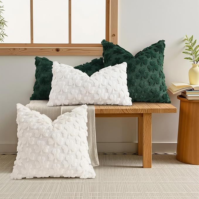 decorUhome St. Patrick’s Day Shamrock Pillow Covers 12x20 Inch Set of 2, Soft Plush Faux Wool Cream White Throw Pillow Covers, Farmhouse Spring Holiday Decor for Sofa Living Room
