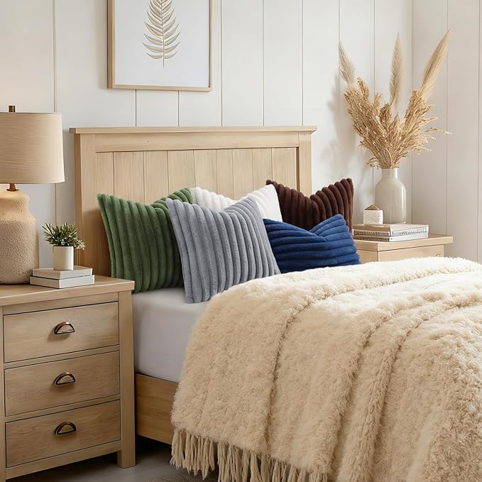 decorUhome Cozy Faux Fur Throw Pillow Covers 16x16 Set of 2 Decorative Soft Plush Striped Modern Farmhouse Boho Couch Pillow Cases with Velvet Back for Sofa Bed Living Room, Olive Green