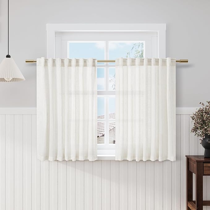 Beige White Kitchen Cafe Curtains 45 Inch Long 2 Panel Back Tab Translucent Light Filtering Short Modern Farmhouse Basement Window Bathroom Living Room Small Curtains 52x45