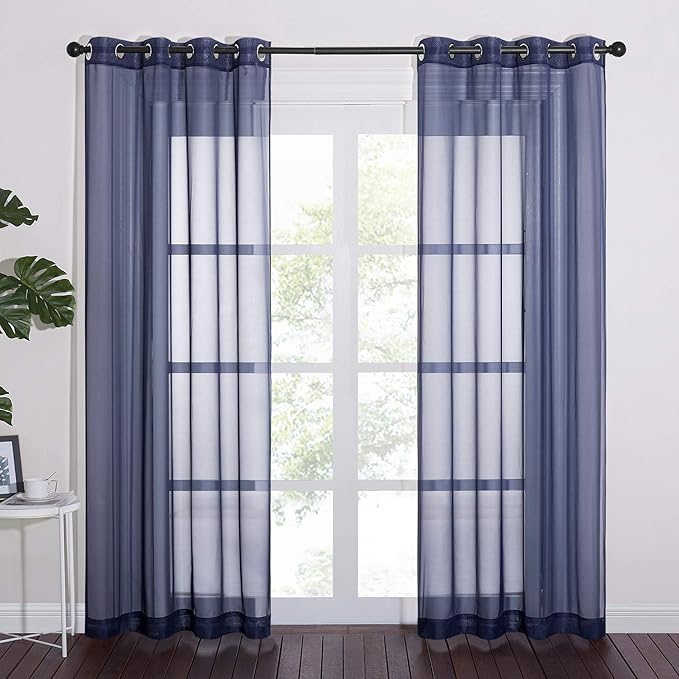 NICETOWN Sheer Curtains for Living - Long Voile Window Drapes Panels 84" for Patio/Boy Room/Master Bedroom/Sliding Door (54" W, Dark Blue, Set of 2)