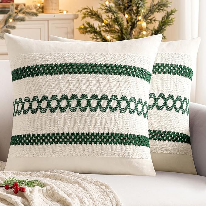 MIULEE Set of 2 Dark Green Boho Christmas Decorative Pillow Covers 20x20 Inch Farmhouse Rustic Couch Throw Pillows Modern Spring Cotton Cushion Cover Retro Macrame Woven Home Decor for Bed Sofa Chair