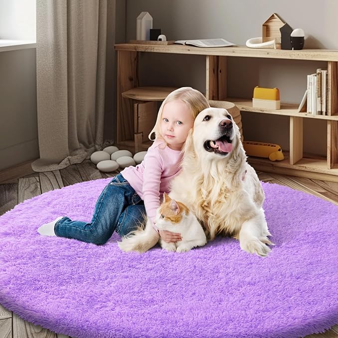 Super Soft Circle Rugs for Girls Princess Castle Toddlers Play Tent 5 Diameter Circular Area Rugs for Kids Bedroom Baby Room Decor Round Shag Playhouse Carpets(Φ5, Purple)