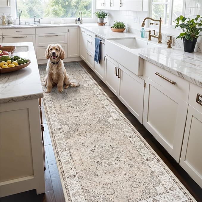 Hallway Washable Runner Rug - 3x10 Kitchen Rugs Entryway Rug Runner Vintage Soft Floor Mat Non Slip Indoor Farmhouse Carpet for Bathroom Living Room Bedroom (3 X 10, Beige)