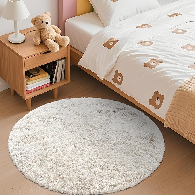 OLANLY Ivory Round Rugs for Bedroom - Machine Washable, 3 ft Circle Area Rugs for Living Room, Soft and Fluffy Shaggy Carpet for Teen Girls and Boys, Nursery Rooms, Dorms, Home Decor Aesthetic