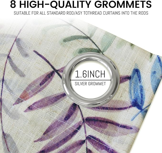 Yakamok Farmhouse Linen Curtains for Living Room 84 Inches Long,Texture Curtains Blue and Purple Grommet Leaves Plant Pattern Bedroom Curtain 2 Panels