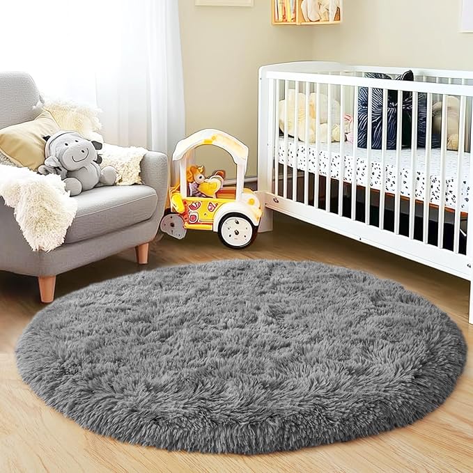 4'x4' Grey Round Rug for Bedroom, Ultra Soft Fluffy Circle Rug for Kids Girls Boys Room, Cute Shag Rugs for Living Room Playroom Teen Room Home Decor Rug