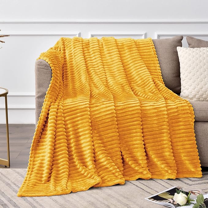 BEDELITE Fleece Throw Blanket for Couch – 3D Ribbed Jacquard Soft and Warm Decorative Fuzzy Blanket – Cozy, Fluffy, Plush Lightweight Mustard Yellow Throw Blankets for Bed, Sofa, 50x70 inches