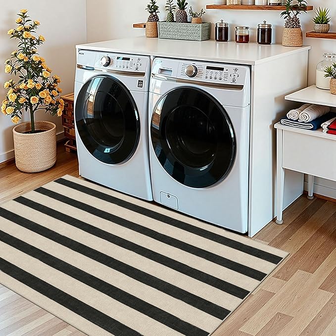 Black and White Striped Entry Rug - 3x5 Ft Washable Indoor Outdoor Front Door Mat Outside Entrance Front Porch Mat Non-Slip Floor Carpet for Bedroom Entryway Kitchen Office Porch Decor