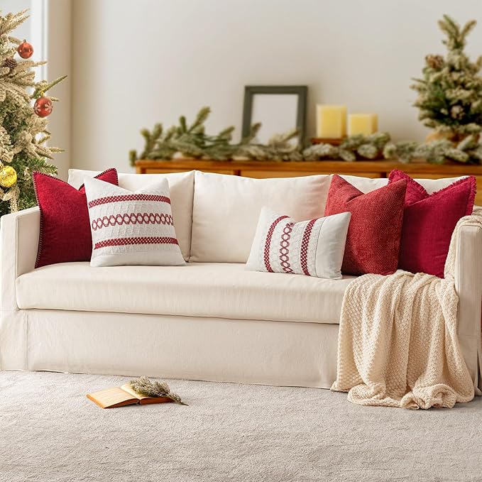 MIULEE Pack of 2 Christmas Pillow Covers 12x20 Inch Red Farmhouse Decorative Throw Pillow Covers with Stitched Edge Soft Chenille Solid Dyed Couch Pillow Covers for Sofa Bed Living Room