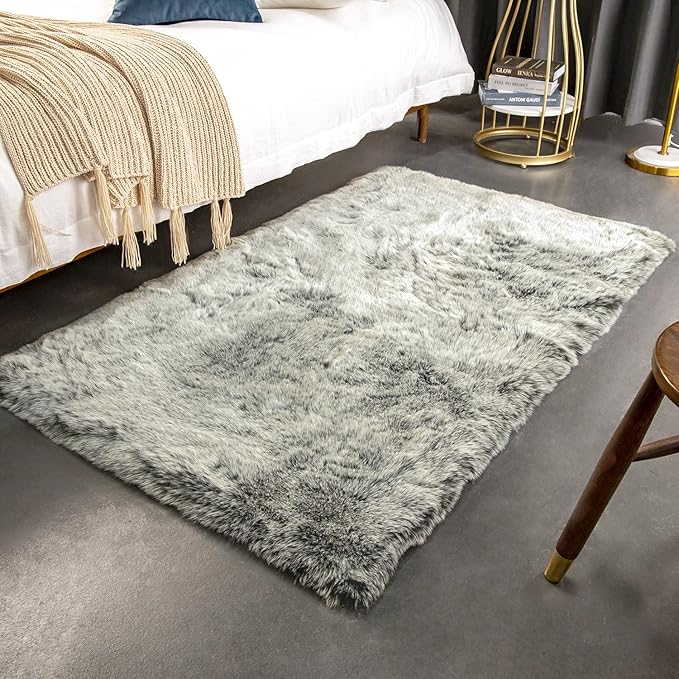 Ashler Faux Fox Fur Rug, Green White Brown Fluffy Rug, 3x5 Rectangle Rug, Ultra Soft Shaggy Area Rugs for Bedroom, Fuzzy Carpets for Living Room, Sofa