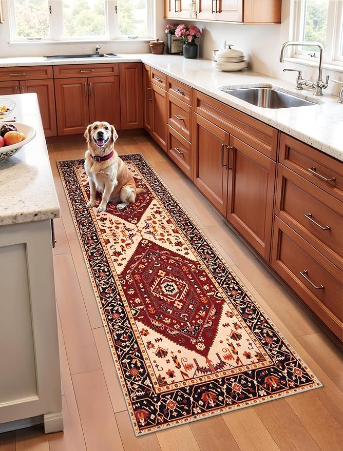SERISSA Boho Washable Runner Rug, 2x6 Rug Runner Non-Slip Vintage Red Black Hallway Kitchen Runner Rug Ultra Soft Print Distressed Floor Carpet Runner for Bedroom Bathroom Laundry Living Room