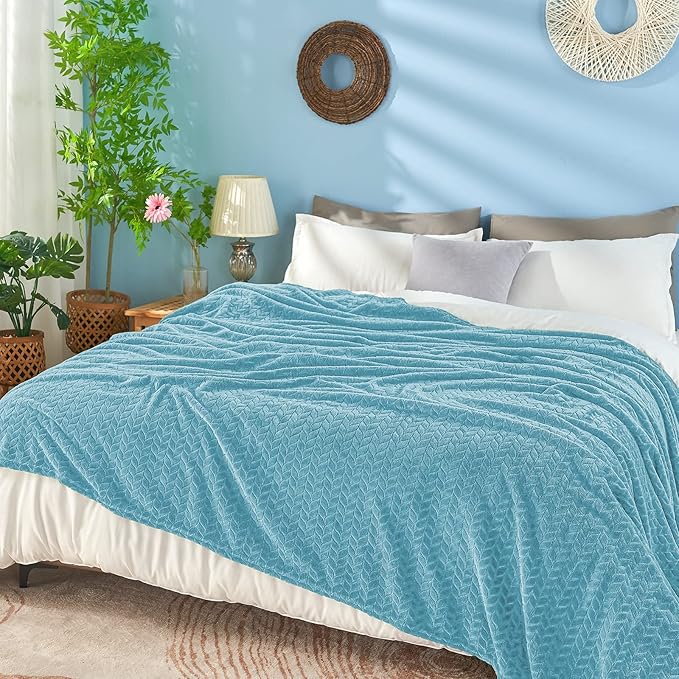 inhand Blue Fleece Twin Blanket, Super Soft Flannel Cozy Blankets for Adults, Lightweight Leaves Pattern Fuzzy Blanket for Couch Sofa Bed Office, Warm Plush Blankets for All Season, 60x90 Inches