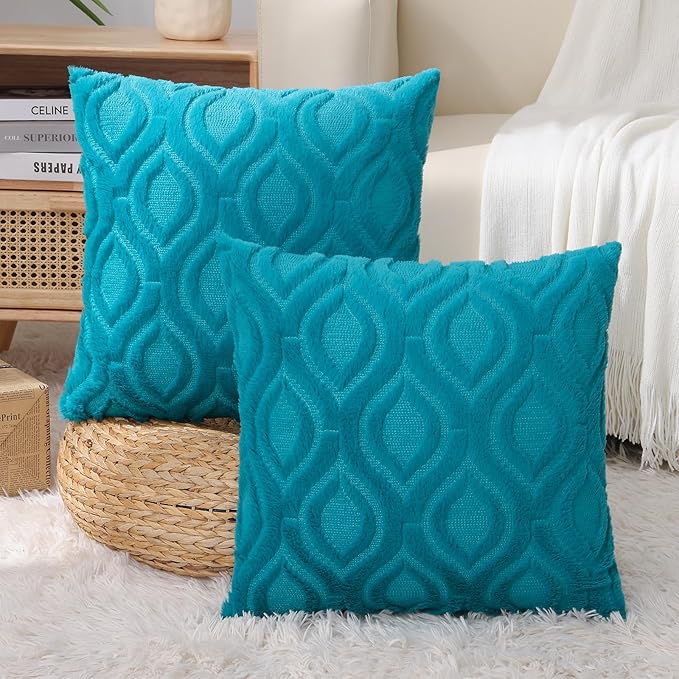 decorUhome Summer Throw Pillow Covers 26x26 Inch Set of 2, Soft Plush Faux Wool Teal Solid Couch Pillow Covers, Accent Euro Sham Farmhouse Neutral Square Pillow Cases for Sofa Bed Living Room