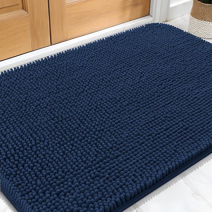 OLANLY Dog Door Mat for Muddy Paws 32x20, Absorbs Moisture and Dirt, Absorbent Non-Slip Washable Doormat, Quick Dry Chenille Mud Mat for Dogs, Entry Indoor Entryway Carpet for Inside Floor, Dark Blue
