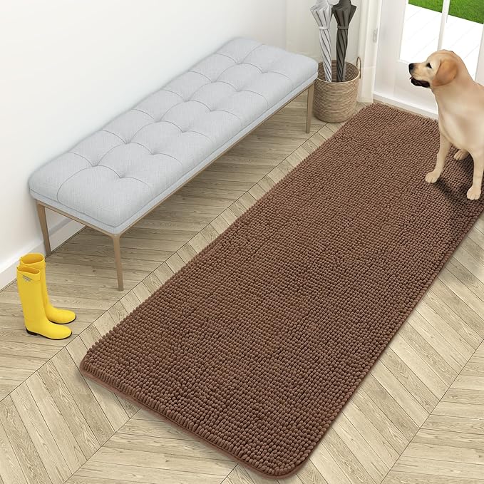 OLANLY Dog Door Mat for Muddy Paws 59x24, Absorbs Moisture and Dirt, Absorbent Non-Slip Washable Doormat, Quick Dry Chenille Mud Mat for Dogs, Entry Indoor Entryway Carpet for Inside Floor, Mocha