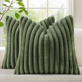 decorUhome Cozy Faux Fur Throw Pillow Covers 16x16 Set of 2 Decorative Soft Plush Striped Modern Farmhouse Boho Couch Pillow Cases with Velvet Back for Sofa Bed Living Room, Olive Green